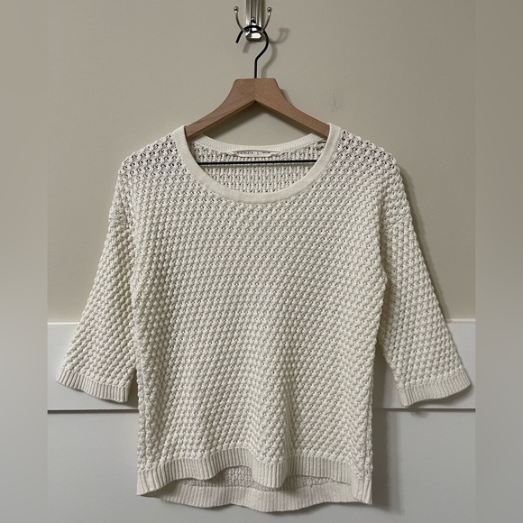 Athleta Off-White Cotton-Linen Blend Crochet High-Low Sweater Size Small - Picture 3 of 9